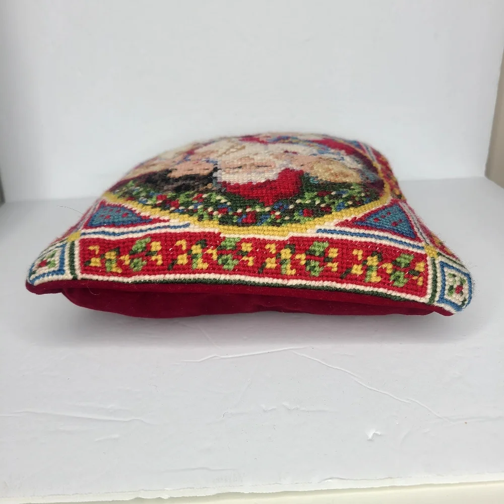 Vintage Christmas Needlepoint Santa and Children‎ Small Accent Pillow